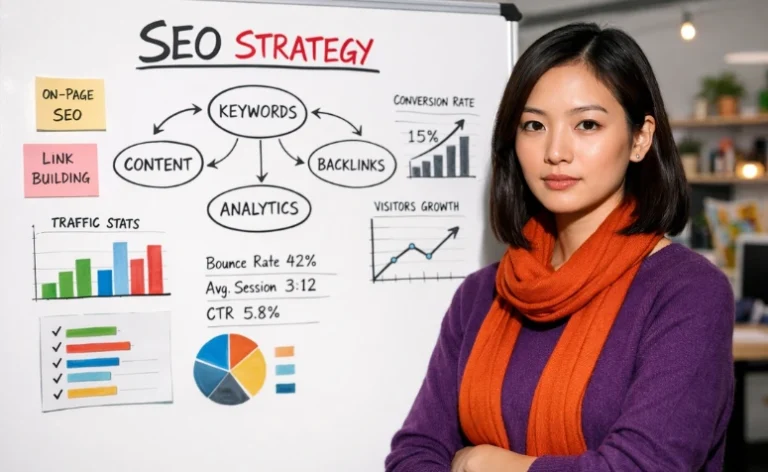 Uma mulher de cabelos curtos pretos, vestindo uma blusa roxa e um cachecol laranja, está em pé ao lado de um quadro branco em um escritório. Ela olha para a câmera com uma expressão profissional e os braços cruzados.