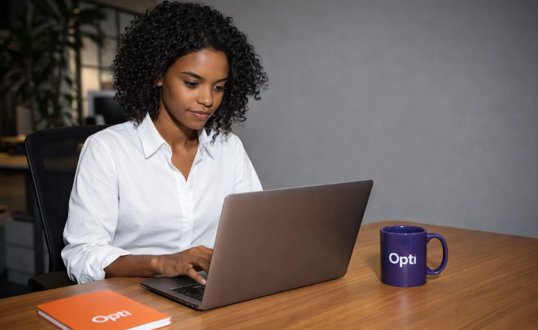 Profissional trabalhando no notebook em ambiente corporativo com materiais da Opti sobre a mesa, representando planejamento e aplicação de estratégias de SEO para 2026