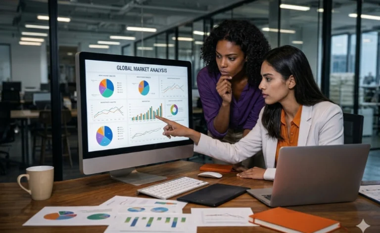 Uma mulher à direita, vestindo um blazer branco sobre uma blusa laranja, está sentada e aponta para um grande monitor de computador.