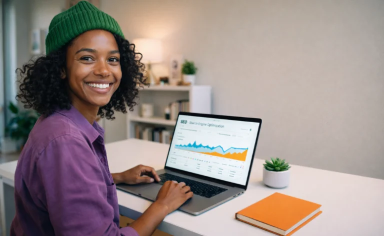 Ilustração abstrata com elementos gráficos em azul e branco representando práticas técnicas de SEO e estrutura de otimização para blogs digitais