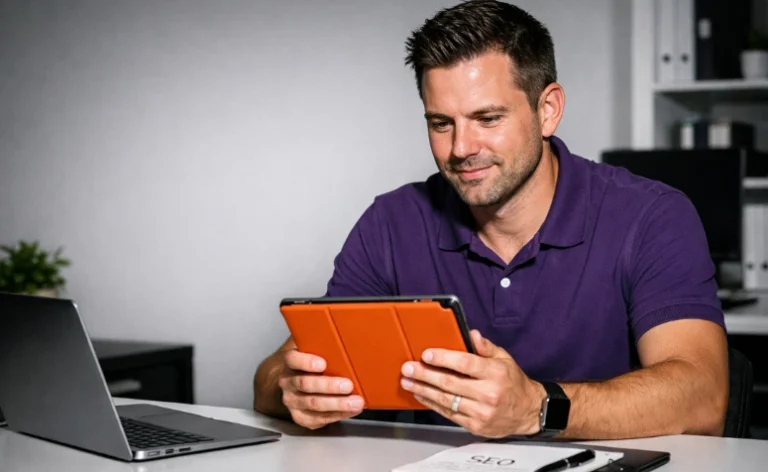 Um homem branco, de cabelos curtos e castanhos, vestindo uma camisa polo roxa e usando um relógio inteligente no pulso.