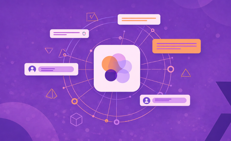 Ilustração abstrata de rede de entidades conectadas, com um núcleo central e vários nós interligados ao redor, representando relações semânticas entre informações no SEO.