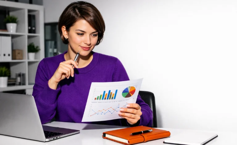 Uma profissional em ambiente de escritório analisando relatórios de desempenho. A imagem transmite foco, organização e análise de dados, sendo ideal para contextos sobre negócios, produtividade ou finanças.