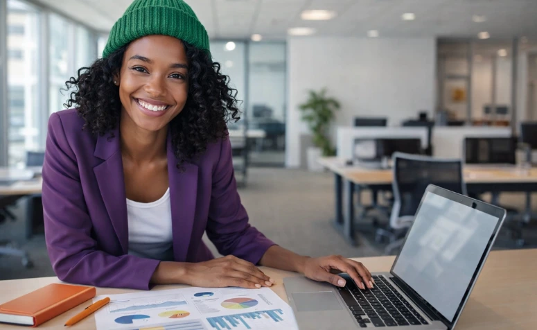 Mulher jovem de cabelos cacheados, sorrindo para a câmera em um escritório. Está sentada à mesa com um notebook aberto, papéis de relatórios com gráficos coloridos, uma caneta e um caderno laranja.