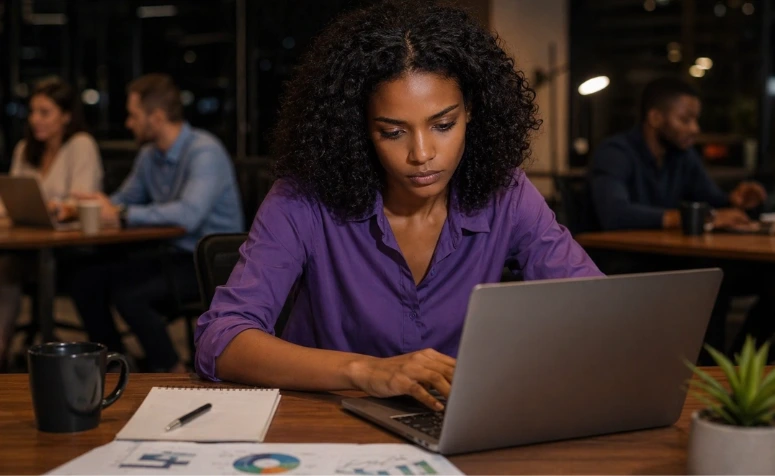 Uma profissional focada trabalha em seu laptop em um escritório moderno durante a noite. A cena transmite dedicação e análise de dados, reforçada pela presença de gráficos e relatórios sobre a mesa.