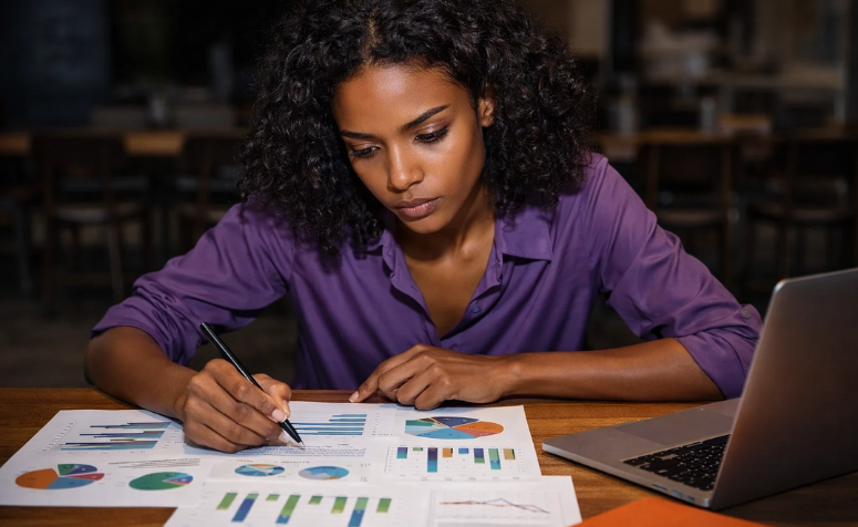 Profissional analisando relatórios com gráficos e métricas ao lado de um notebook, representando uso de plugins de análise de SEO para WordPress e acompanhamento de desempenho do site