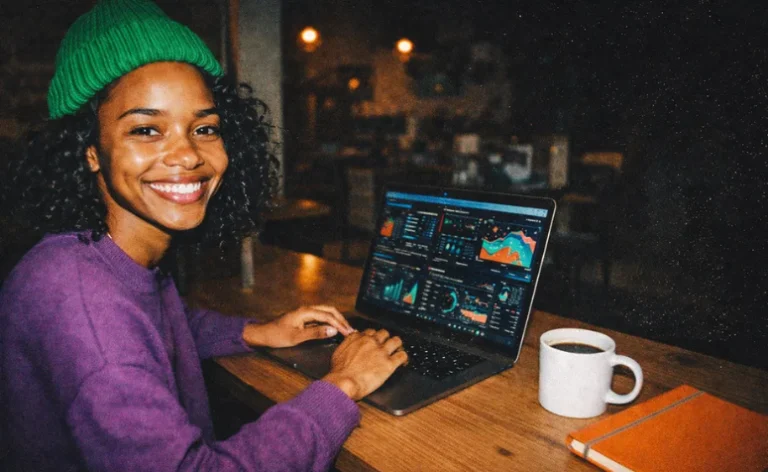 Mulher sorrindo enquanto analisa gráficos de desempenho em notebook sobre mesa com café, representando análise de métricas de SEO