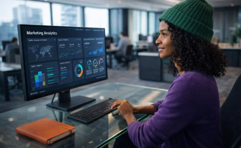 Mulher sorridente em um escritório moderno, analisando um painel de "Marketing Analytics" em seu monitor. Sobre a mesa de vidro, há um teclado e um caderno.