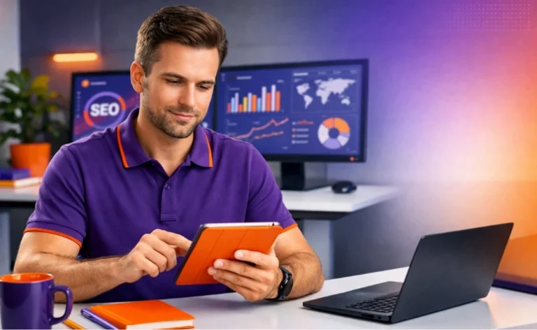 Homem de camisa polo roxa usando um tablet com capa laranja em um escritório tecnológico. À sua frente estão um notebook e uma caneca roxa; ao fundo, monitores exibem gráficos de SEO e métricas de dados.