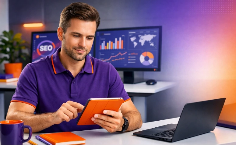 Homem de camisa polo roxa usando um tablet com capa laranja em um escritório tecnológico. À sua frente estão um notebook e uma caneca roxa; ao fundo, monitores exibem gráficos de SEO e métricas de dados.